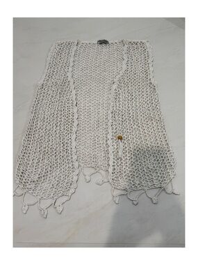 Open-Knit Cream Swim Cardigan with Tassel Trim